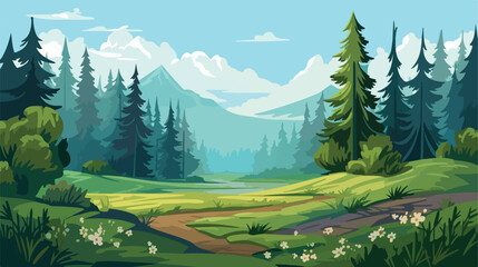 Natural forest landscape vector flat illustration.