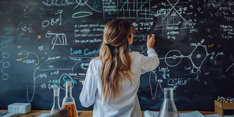 Female scientist writing chemical formulas on a blackboard in a laboratory environment. Education and science concept with a focus on research and discovery. Studio shot with a blurred foreground.