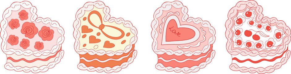 Cute heart shaped cake set with cherry. Cakes collection coquette. A sweet dessert in the style of y2k. Vector illustration