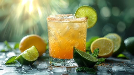   A tight shot of a glass holding a drink, adorned with limes and wedges on its rim