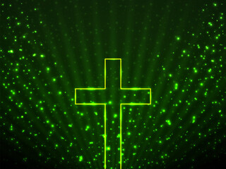 Obraz premium Glowing christian cross on background glitter particles and glowing rays. Religious symbol. Magic backdrop