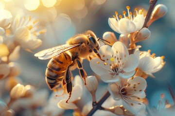 Craft extreme closeup realism with an illustration of a bee collecting nectar , ultra HD