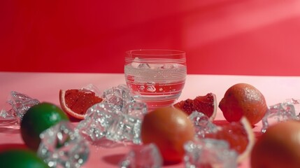   A glass of water on a table, near fruits and a watermelon bowl
