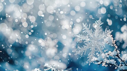 Close up of snowflake on blurred winter background. Seasonal Christmas banner with snow and free place for text