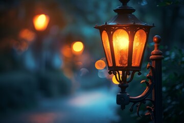 Vintage ambiance captured in the warm glow of a nostalgic street lamp on a quiet evening , photographic style