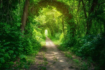 Green Foliage, Mysterious Summer Forest Tunnel, Sunny Path in Dense Vegetation, Copy Space