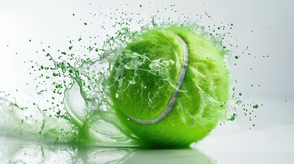 Digital art of a green tennis ball disintegrating with dynamic motion on a white background.