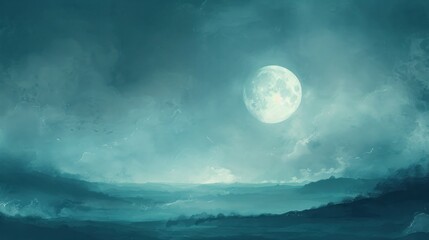 A captivating illustration of a full moon shining brightly over a turbulent, cloudy night landscape.