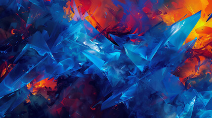 Angular shapes in shades of cobalt and cerulean blue intersect with fiery bursts of tangerine and crimson red, creating a dynamic and captivating abstract expression.