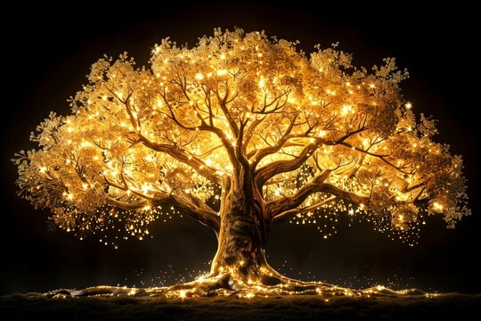 A golden tree with falling golden leaves against a black background.