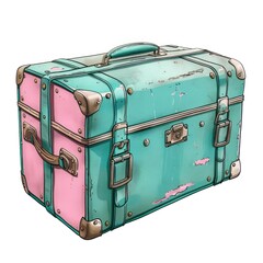 Illustration of a retro-style suitcase with distinctive colorful stripes, evoking a sense of vintage travel.