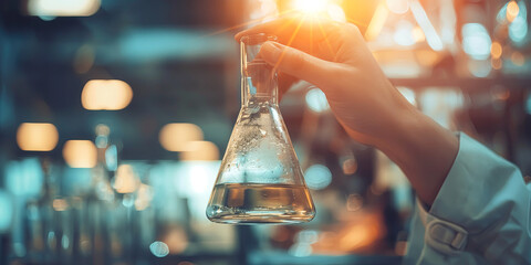 Scientist holding a conical flask with a bright light inside a laboratory. Research and scientific...