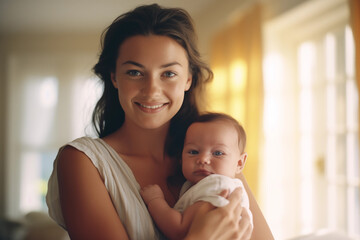 A young beautiful woman lovingly holds a newborn baby in her arms, at home in a bright room