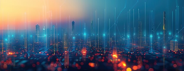 Arrière-plan numérique abstrait d'une ville futuriste avec des lignes lumineuses, concept de paysage urbain et de connexion de données.
