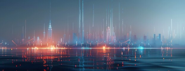 Arrière-plan numérique abstrait d'une ville futuriste avec des lignes lumineuses, concept de paysage urbain et de connexion de données.