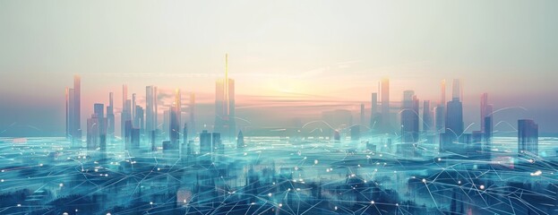 Arrière-plan numérique abstrait d'une ville futuriste avec des lignes lumineuses, concept de paysage urbain et de connexion de données.