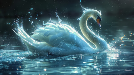 elegant swan swimming in moonlit waters surrounded by sparkling light