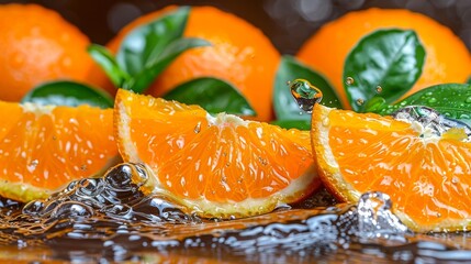 A sliced orange with water droplets.
