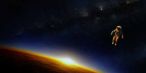 Astronaute flottant dans l'espace au dessus d'une planète imaginaire, image avec espace pour texte.