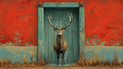 A painting of a deer standing in front of a blue door. The deer is looking at the viewer. The door is in a red wall.
