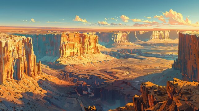 Craft an image depicting a desert canyon bathed in the golden light of the setting sun
