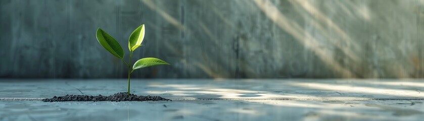 A minimalist 3D illustration of a single plant growing in a concrete environment, highlighting the power of nature to persevere related to nature, sustainability  ,3DCG