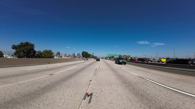 Los Angeles Downtown Freeway 10 West 04 Rear View Driving Plate California USA Ultra Wide