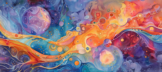 Cosmic Sphere Serenity Watercolor Art - obrazy, fototapety, plakaty