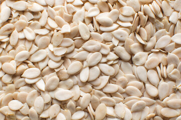 Top view of nigerian egusi seeds, shelled melon seeds on a tray, nigerian melon seeds, pumpkin seeds for cooking