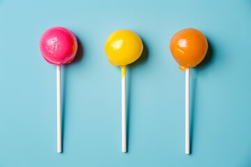 Pink, yellow, and orange lollipops with a delightful glossy finish showcased on a soft blue pastel background, depicting pure joy