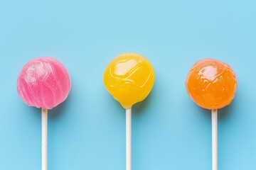 A vivid array of pink, yellow, and orange lollipops perfectly aligned on a refreshing blue surface, symbolizing sweetness and fun
