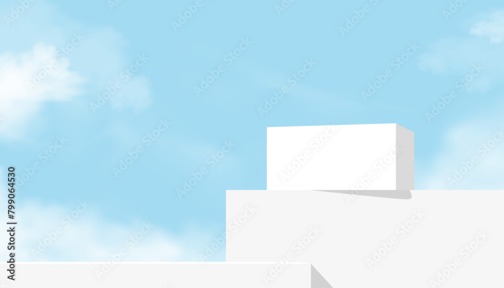Poster sky blue,cloud background,3d white podium step display mockup for cosmetic product present,vector mi