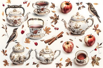 Watercolor Cinnamon Apple Tea Clipart, autumn gold tea cups, garden tea clip art