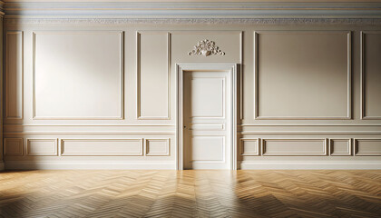 A spacious interior scene featuring a classic wall with elegant molding. Include a centered closed door within the wall