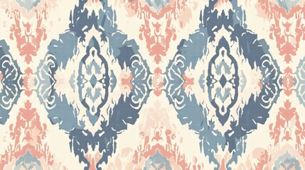 Fototapeta premium An ethnic Ikat tropical seamless pattern in pastel tones, featuring abstract traditional folk graphics for an elegant and luxurious textile background.