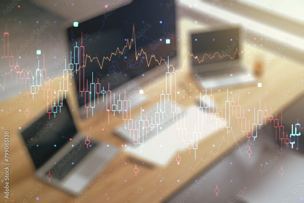 Aufkleber Multi exposure of abstract creative financial graph and modern desktop with computer on background, forex and investment concept