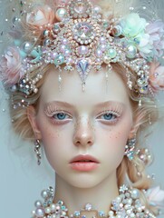 A mesmerizing fantasy portrait of a model adorned with flowers, gems, and pearls