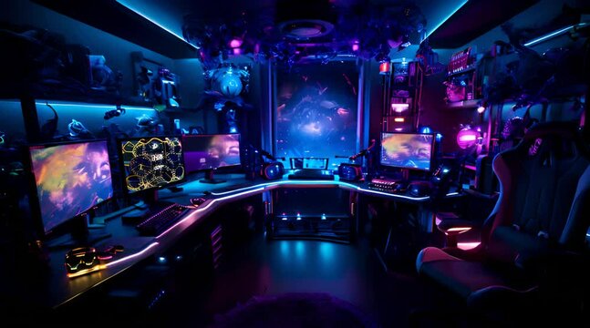 Games room with a cyber gamer computer. 3d render of neon lighting