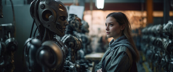 young adult woman next to humanoid android robots with artificial intelligence