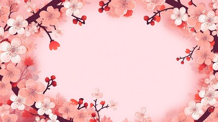 Blank greeting card on pink background with beautiful spring cherry blossoms. Cherry blossoms for Valentine's Day, Women's Day, Wedding, Birthday, Mother's Day,Copy Space,Space for Text,Generative AI,