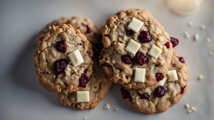 Oatmeal cookies with cranberries and oatmeal flakes in white chocolate.