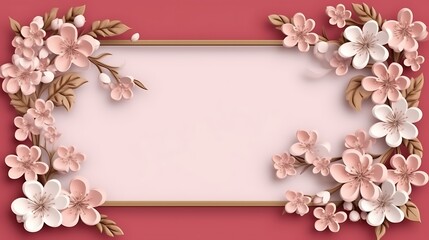 Blank greeting card on pink background with beautiful spring cherry blossoms. Cherry blossoms for Valentine's Day, Women's Day, Wedding, Birthday, Mother's Day,Copy Space,Space for Text,Generative AI,