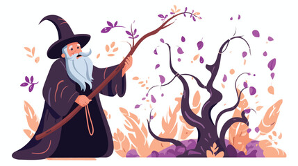 Old bearded magician. Forest wizard mage with tree