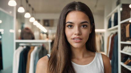 in the clothing store as a cashier or customer, young adult woman, girl, wearing summer tank top, brunette, puzzled or horrified and skeptical and critical of it