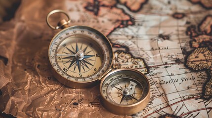 An old brass compass on a Treasure map background