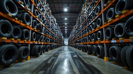 New tire warehouse room in stock There are plenty of them available to replace tires at a service center or auto repair shop. Tire warehouse for the car industry  - obrazy, fototapety, plakaty