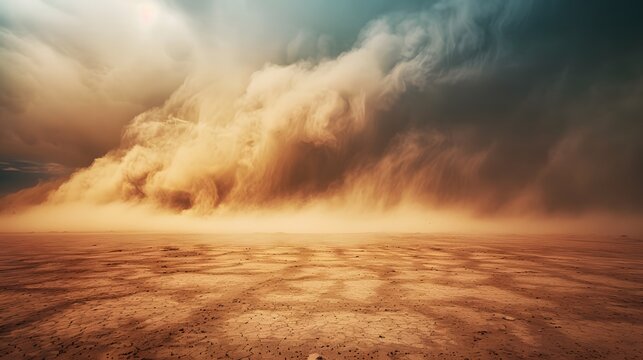 Dramatic sand storm in desert, thunderstorm, lightning. Abstract background. Digital art.