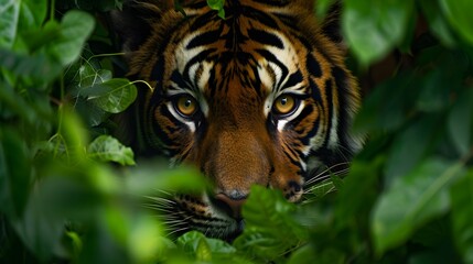 A tiger hiding in the leaves of a tree. Generative AI.