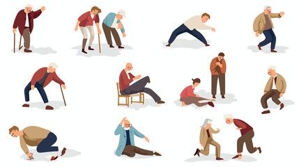 Old people fall down set. Senior men women falling
