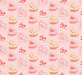 Cute seamless pattern with heart shaped cake. Cakes print coquette. A sweet dessert in the style of y2k. Vector illustration